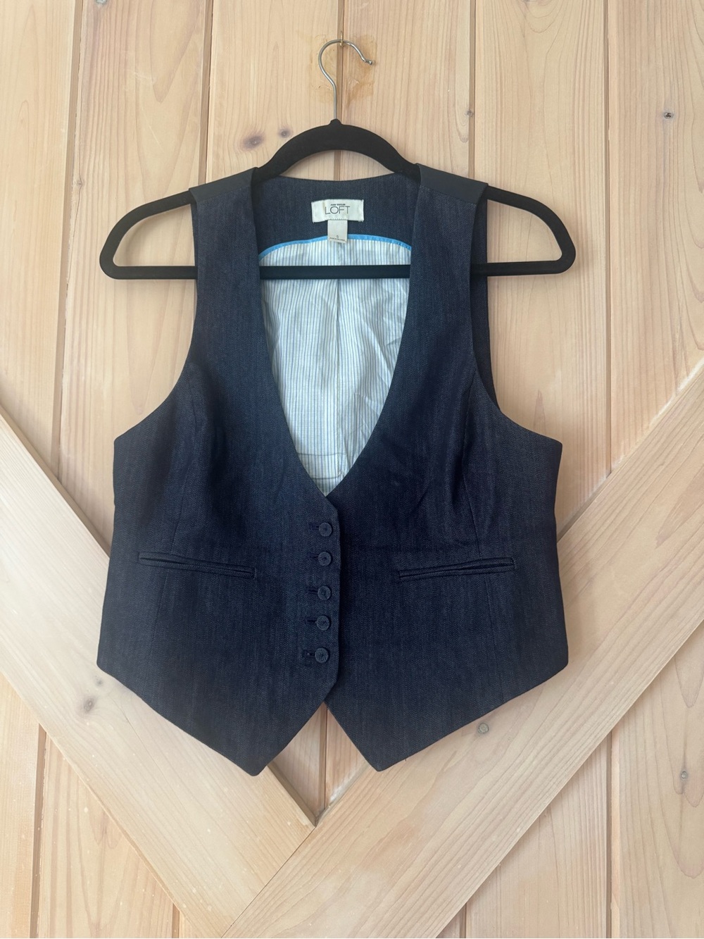 LOFT Dark Indigo Denim Blazer with Light Blue Trim